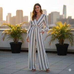 Jealous Tomato B/W Striped Wide Leg Jumpsuit Long Sleeve Smocked Waist Medium